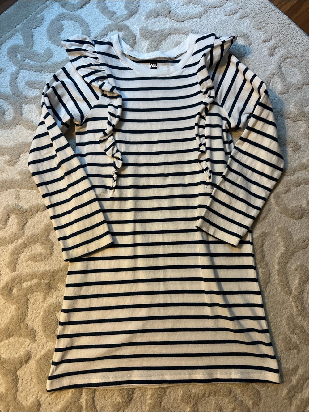 Tea Collection Cream and Navy Striped Ruffle-Detail Dress